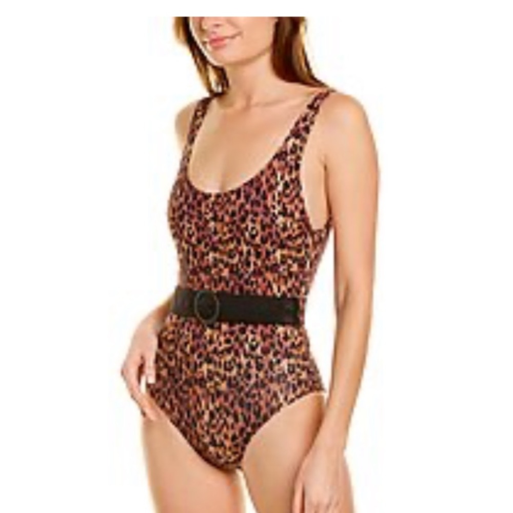 Annemarie Belted One-Piece in leopard print with belted waist and scoop back. XS